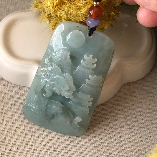 61..3 mm  Carved Sky Blue Jadeite Jade Mountain Landscape Scenery Pendant with Neck Rope Tie
