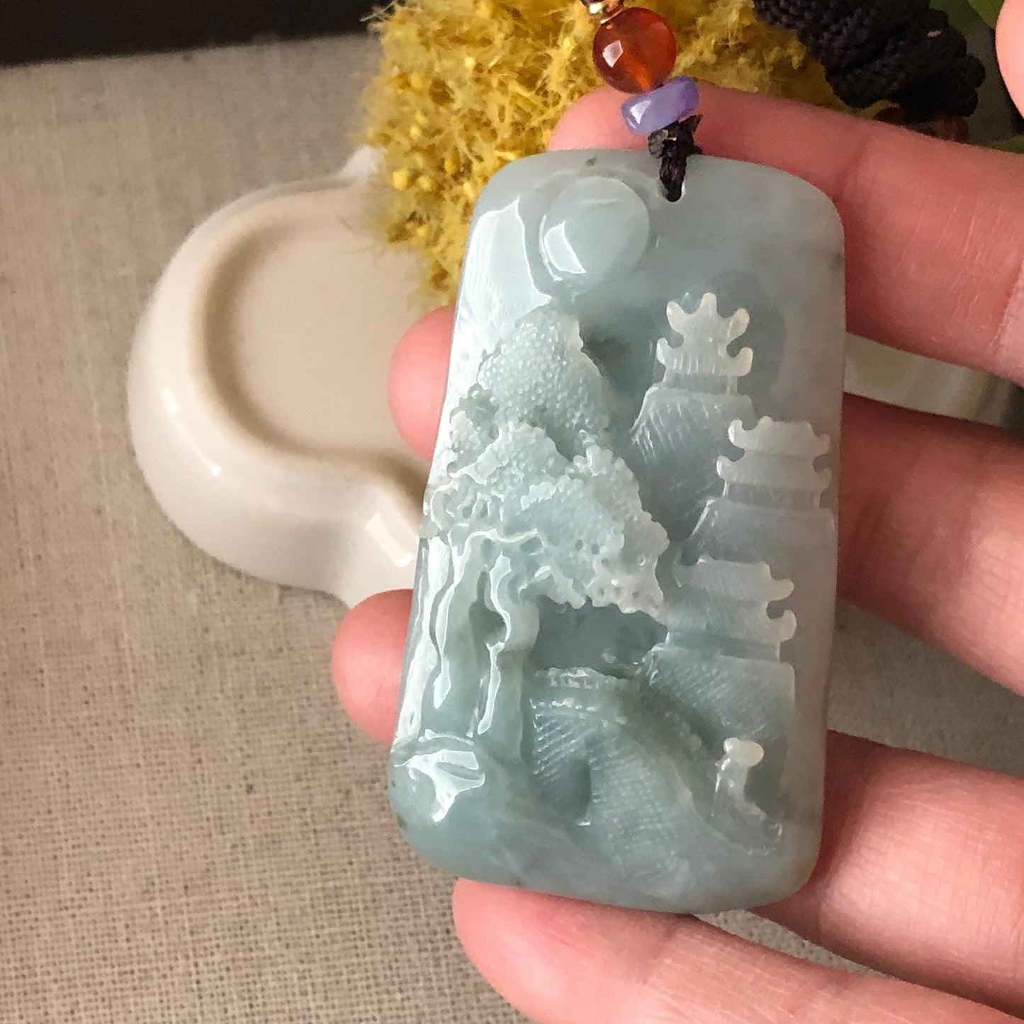 61..3 mm  Carved Sky Blue Jadeite Jade Mountain Landscape Scenery Pendant with Neck Rope Tie