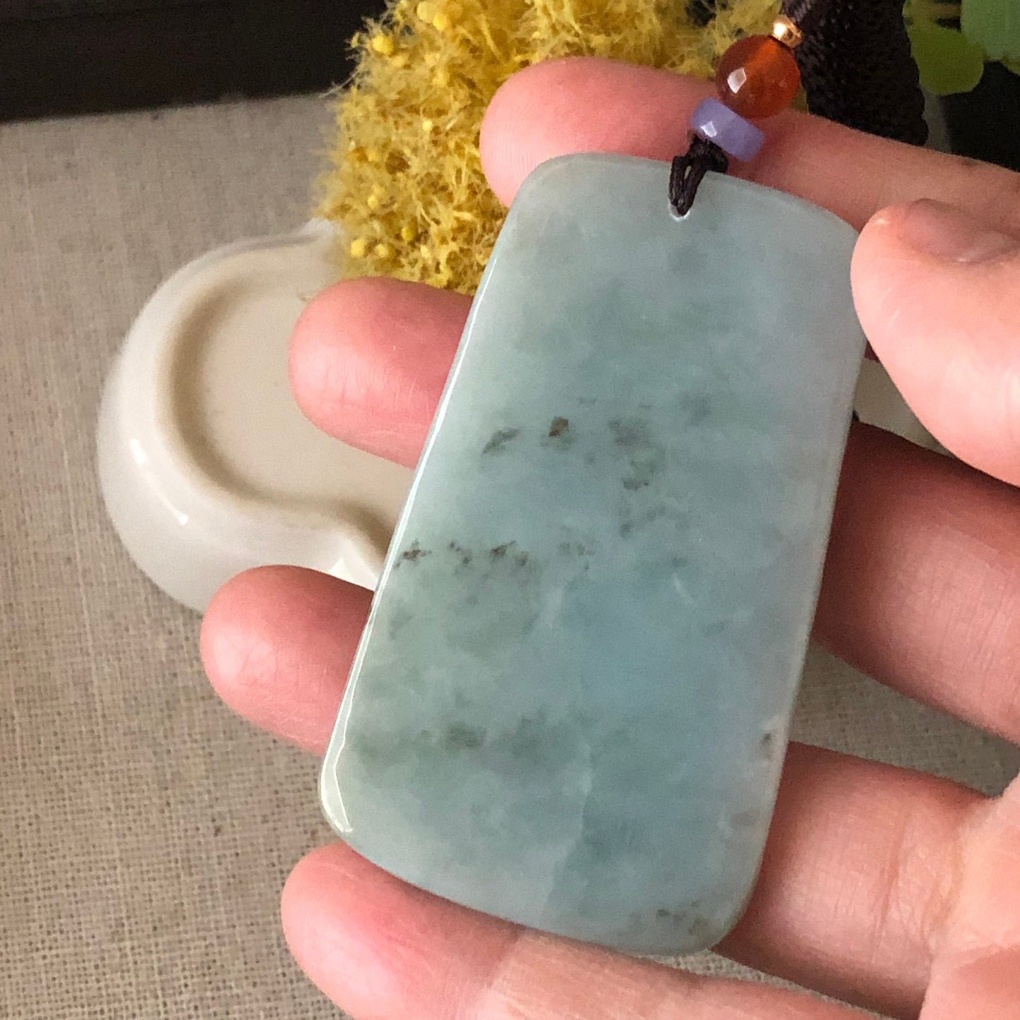61..3 mm  Carved Sky Blue Jadeite Jade Mountain Landscape Scenery Pendant with Neck Rope Tie