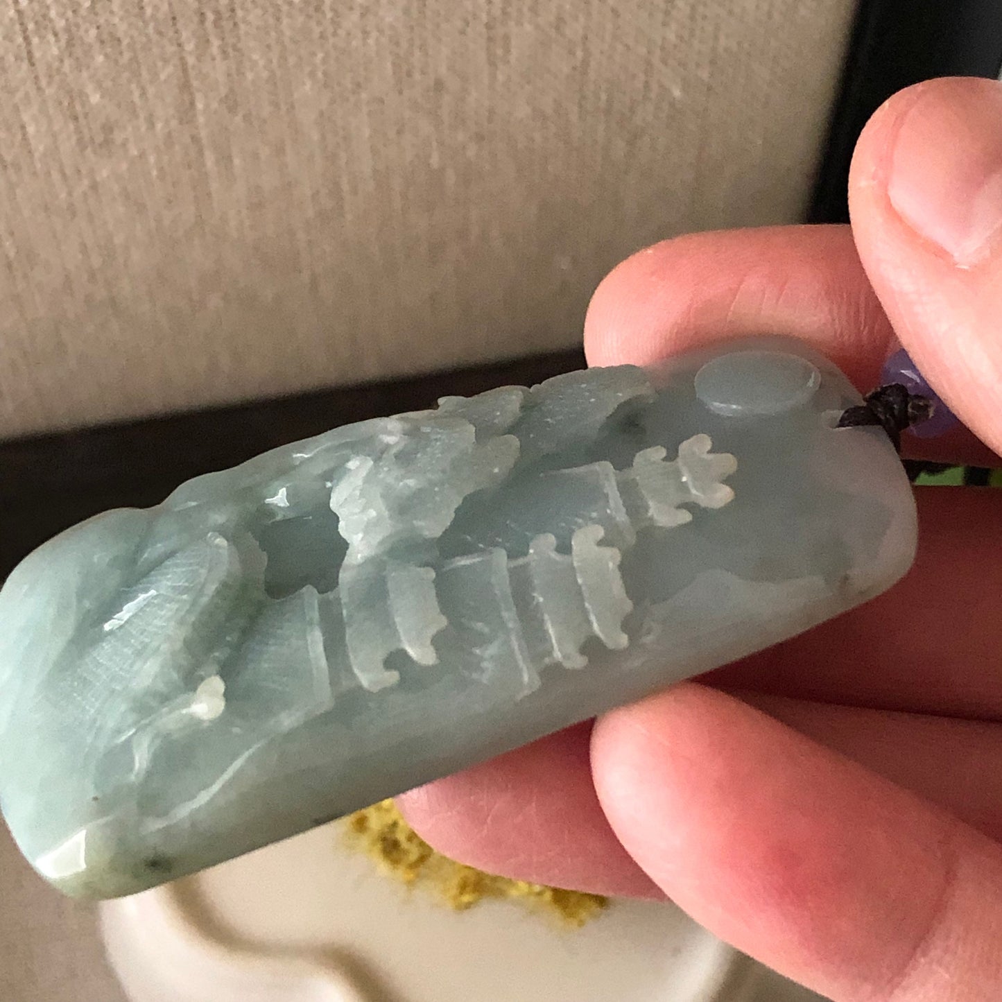 61..3 mm  Carved Sky Blue Jadeite Jade Mountain Landscape Scenery Pendant with Neck Rope Tie