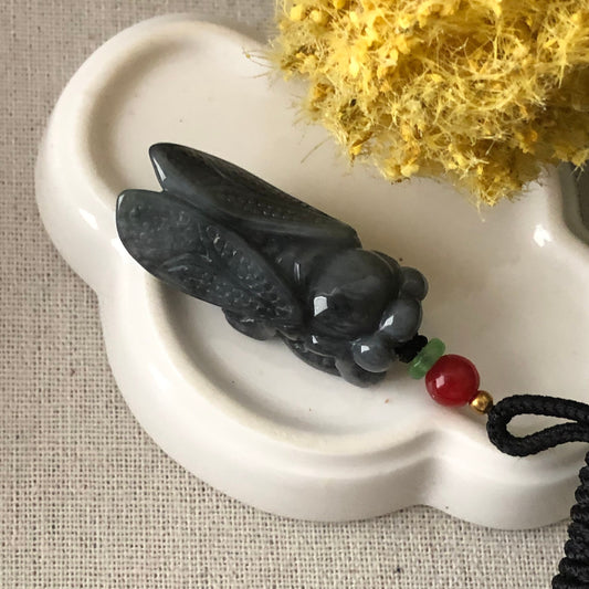 37 mm Wuji Black Jade Jadeite Carved Locust Moth Pendant