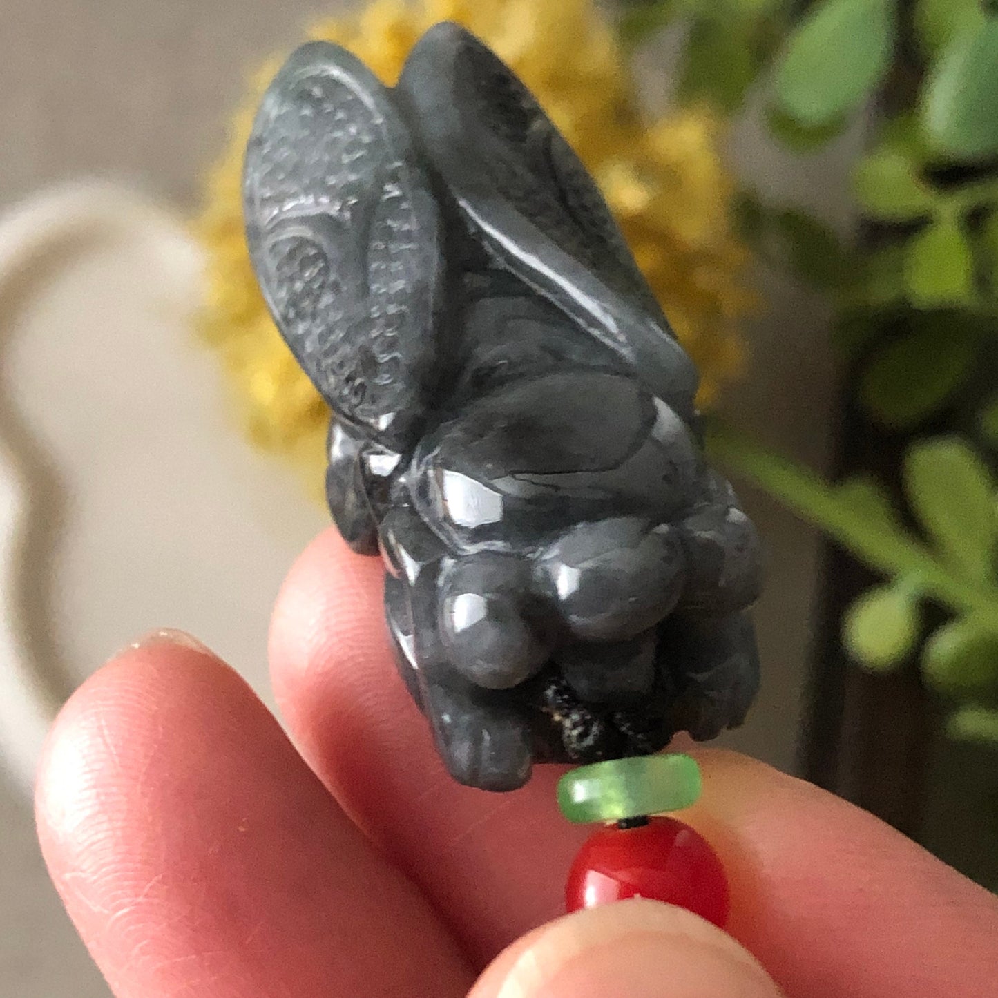 37 mm Wuji Black Jade Jadeite Carved Locust Moth Pendant