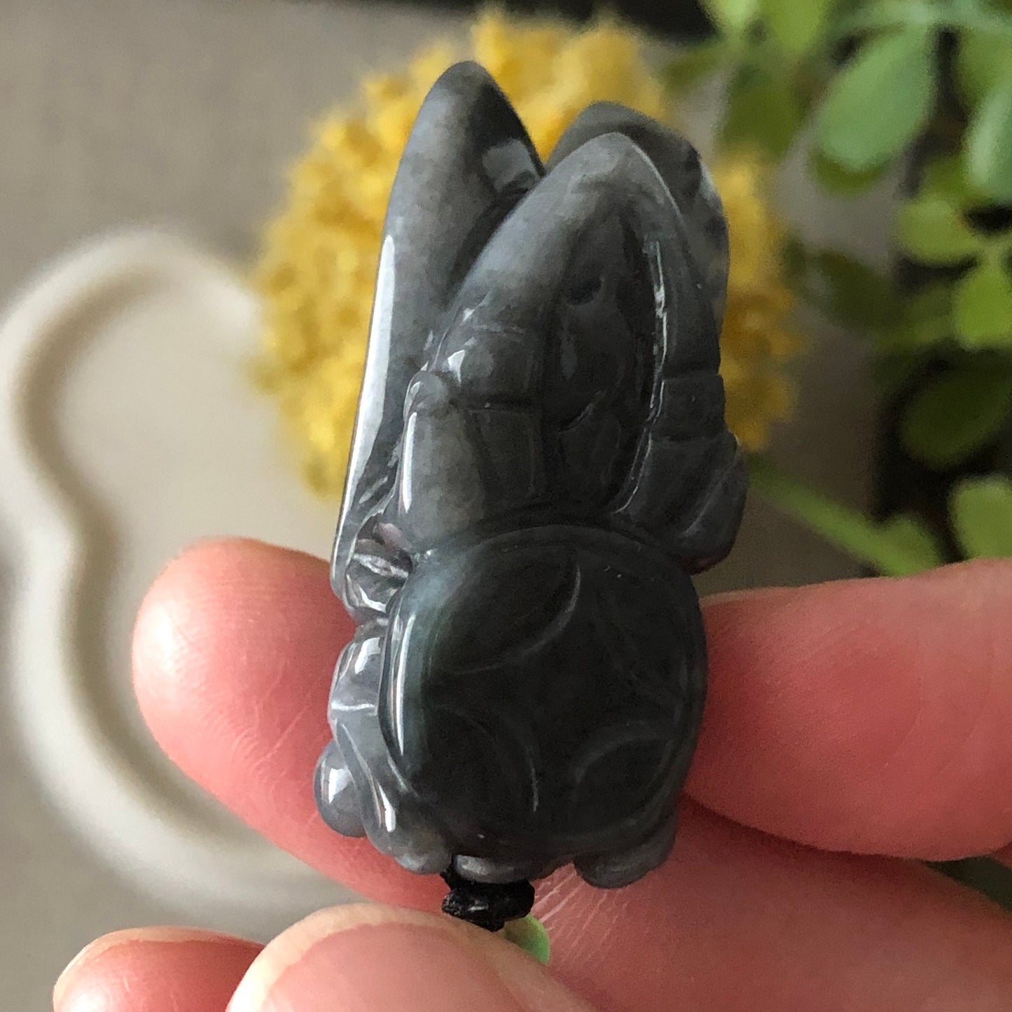 37 mm Wuji Black Jade Jadeite Carved Locust Moth Pendant