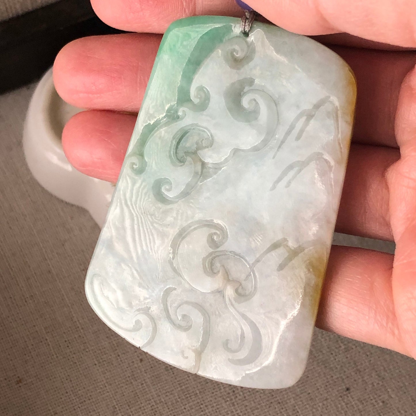 65.2 mm  Carved Green Yellow Jadeite Jade Ruyi Dragon Pendant with Neck Rope Tie