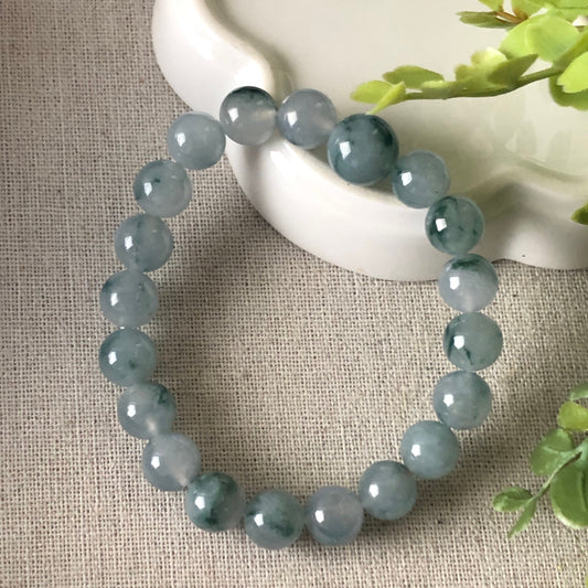 9.5 mm Jadeite Jade Green Float Flowers Round Bead Bracelet