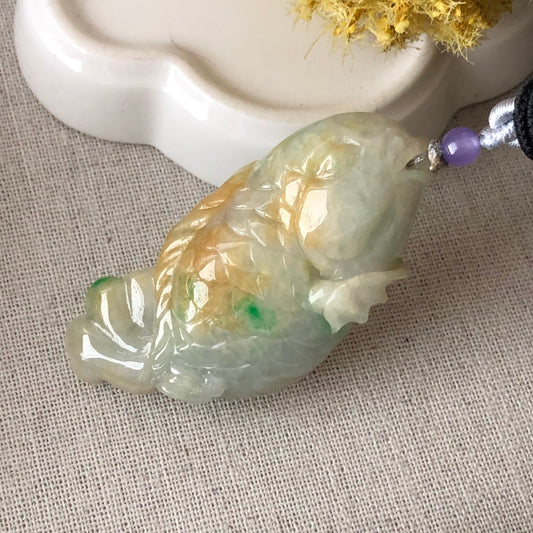 63.5mm Jadeite Jade Yellow Green Carved Fish Pendant Neck Rope Tie