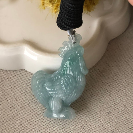 45.7mm Jadeite Jade Green Carved Chicken Pendant Neck Rope Tie