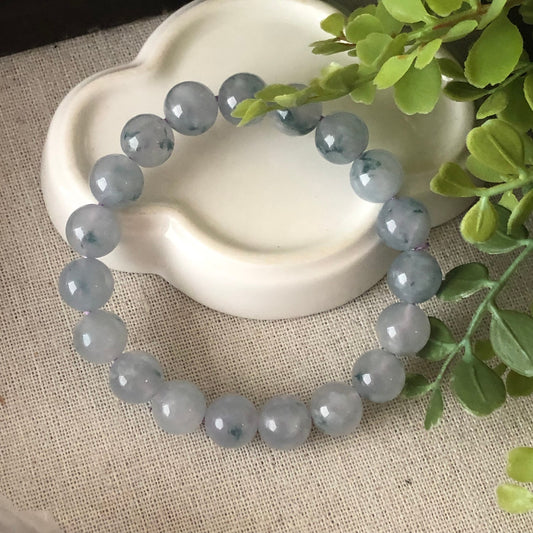 10mm Jade Jadeite Icy Tint Blue Float Flowers Round Bead Bracelet