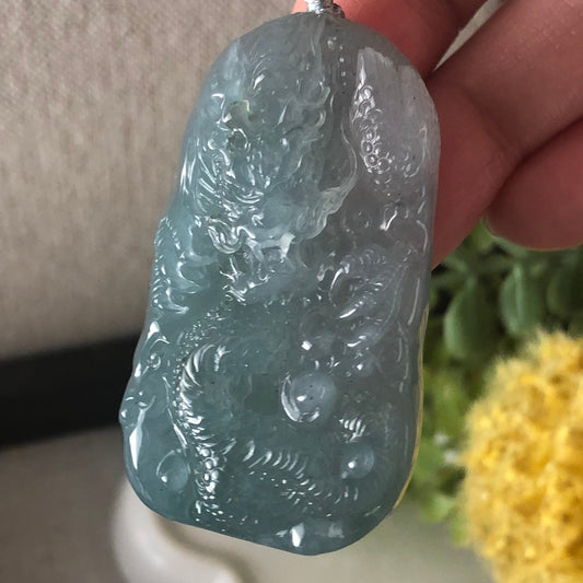 50 mm Icy Wuji Green Jadeite Jade Carved Dragon Pendant