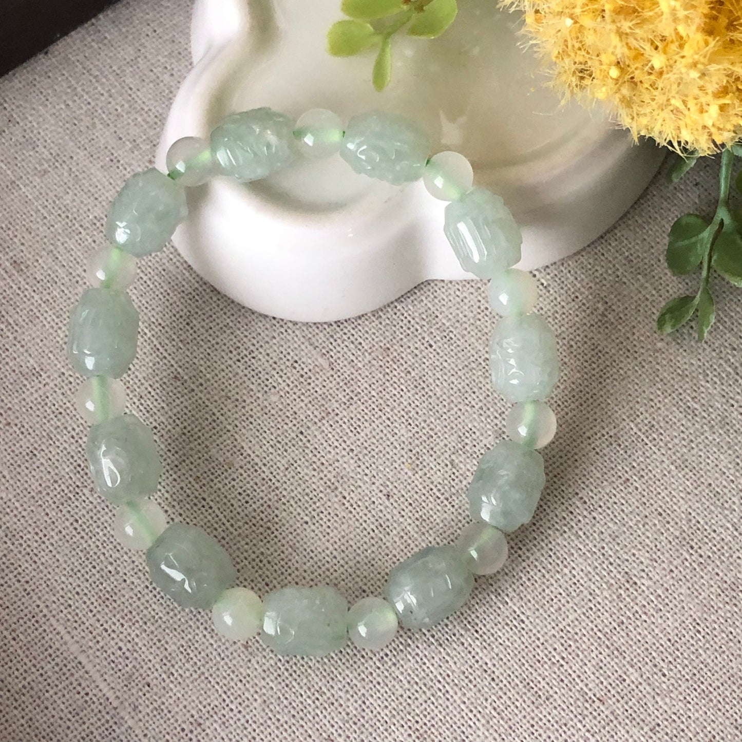 8.5x10 mm Icy Tint Green Carved Six Word Blessing Jadeite Jade Bead Bracelet