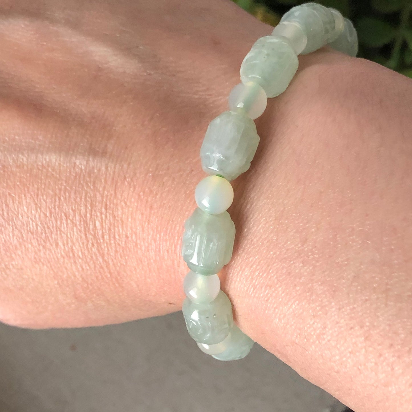 8.5x10 mm Icy Tint Green Carved Six Word Blessing Jadeite Jade Bead Bracelet