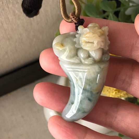 50mm Jadeite Yellow Green Carved Pixiu Tooth Pendant