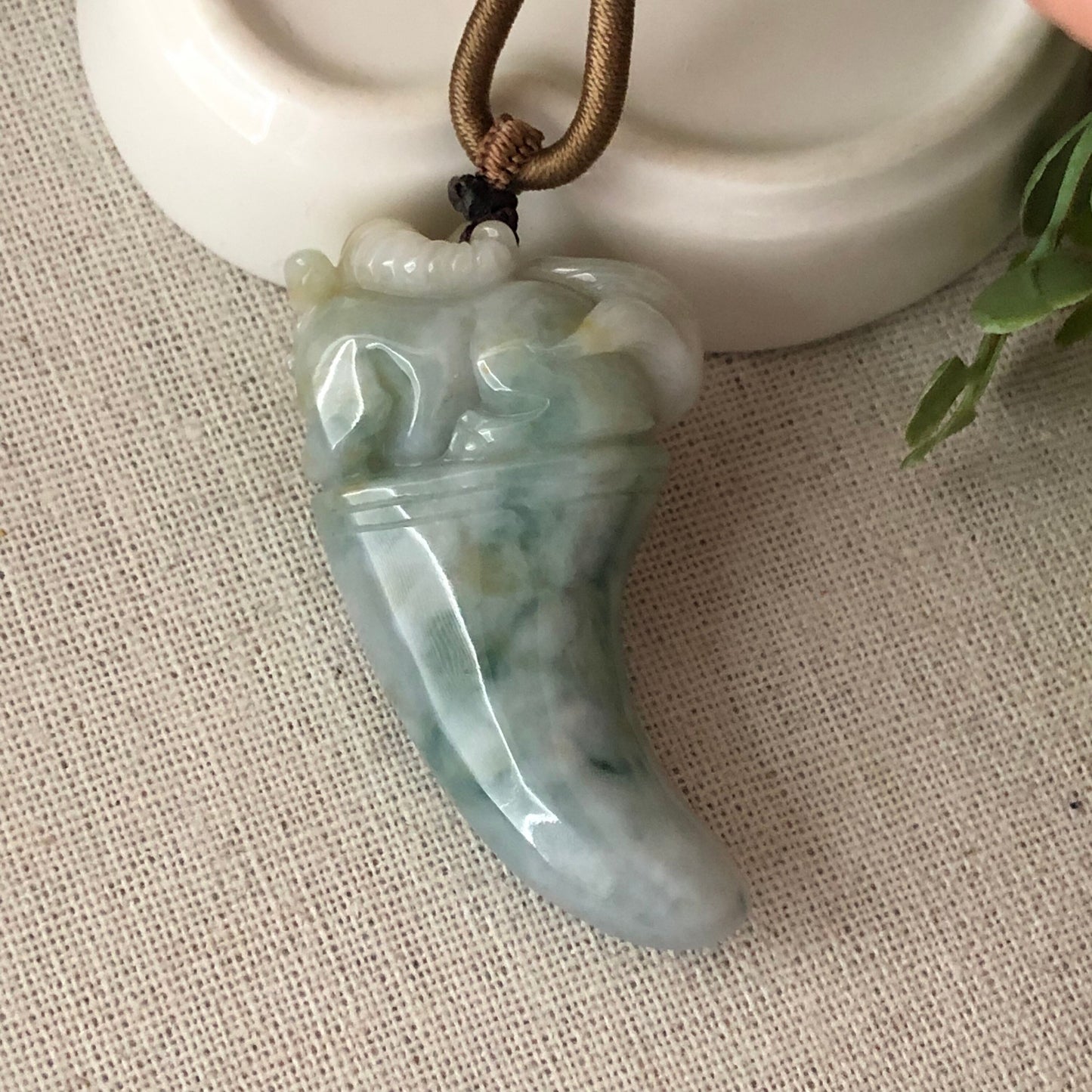 50mm Jadeite Yellow Green Carved Pixiu Tooth Pendant