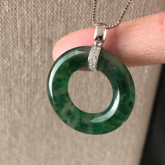 25.5mm High Icy Jadeite Jade Green Float Flowers Peace Donut Pendant 18K bail diamonds
