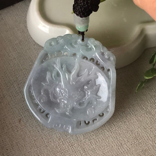 50 mm Tint Green Jadeite Jade 3D Carved Dragon Head Pendant