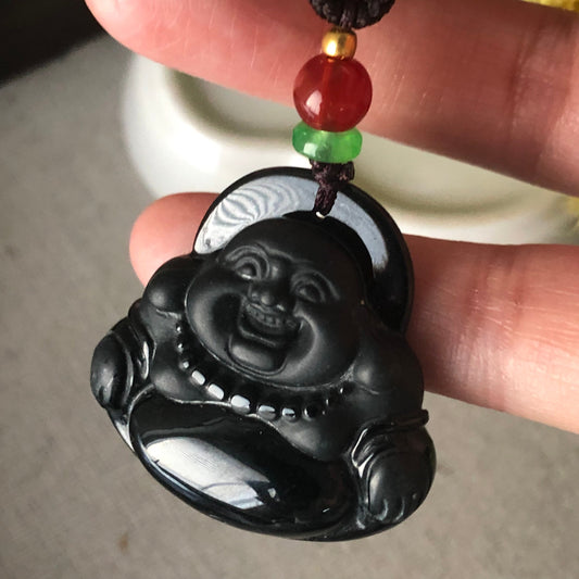 32mm Carved Black Omphacite Jade Jadeite Happy Buddha Pendant