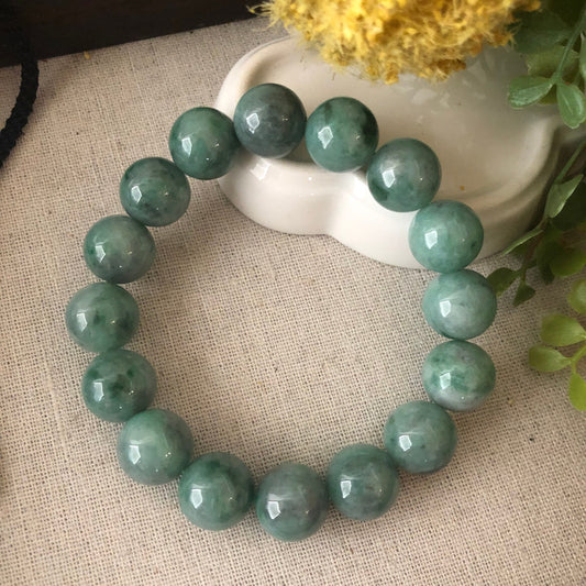 13.5 mm Jadeite Jade Wuji Green Float Flowers Round Bead Bracelet
