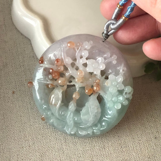 50 mm Duo Lavender Green Red Icy Glutinous Carved Flower Landscape Pendant