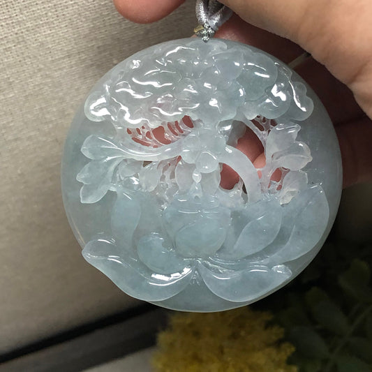 55.3 mm Jadeite Jade Icy Tint Green Carved Lotus Flower Pendant