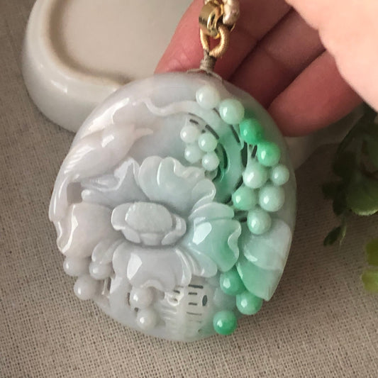 50 mm Green Glutinous Carved Flower Landscape Pendant