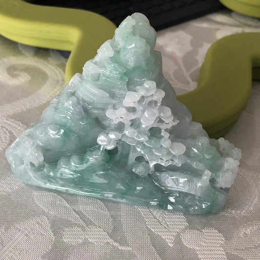 60mm Jadeite Jade Icy Green Carved Statue Display Scenery Landscape