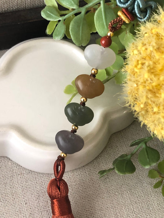 Hetian Jade Carved Ruyi Assorted Colors Keychain Charm with Tassel