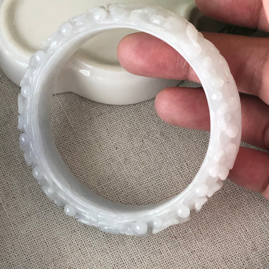 56mm Icy Jadeite Jade Carved Flower Bangle