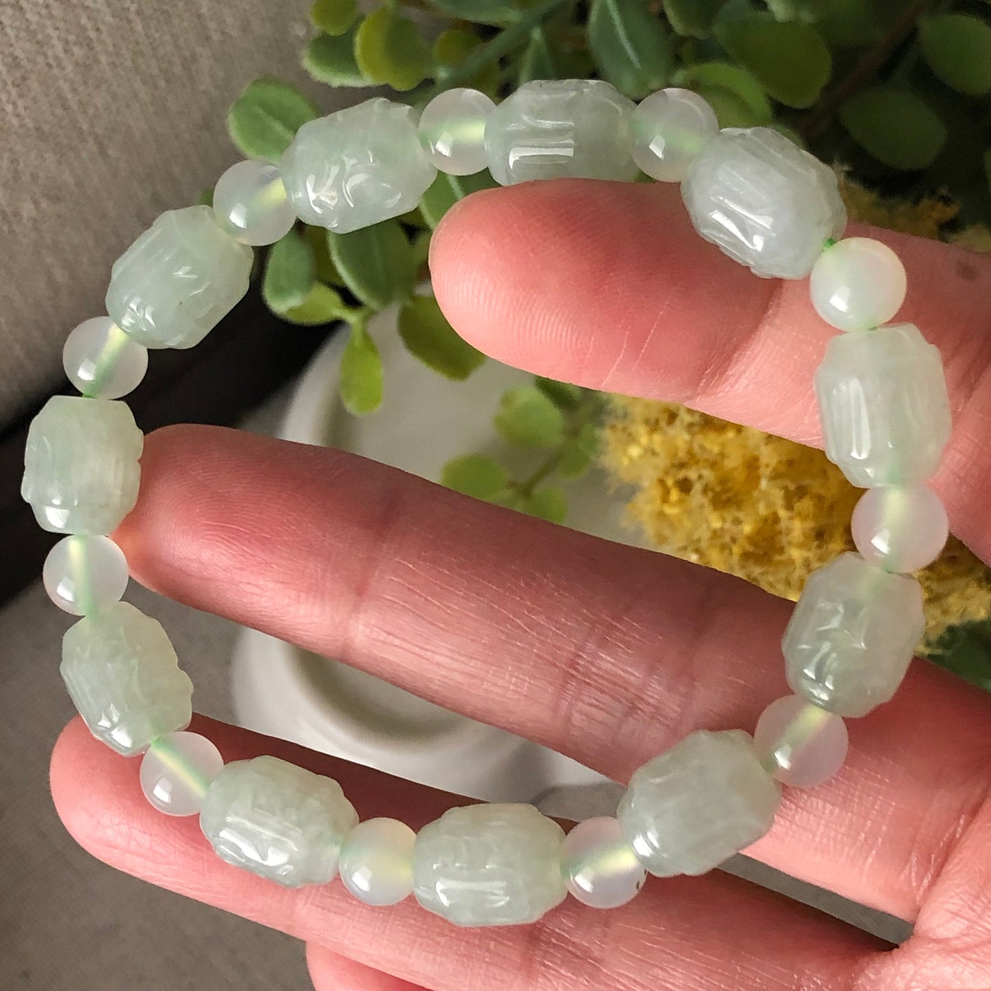8.5x10 mm Icy Tint Green Carved Six Word Blessing Jadeite Jade Bead Bracelet