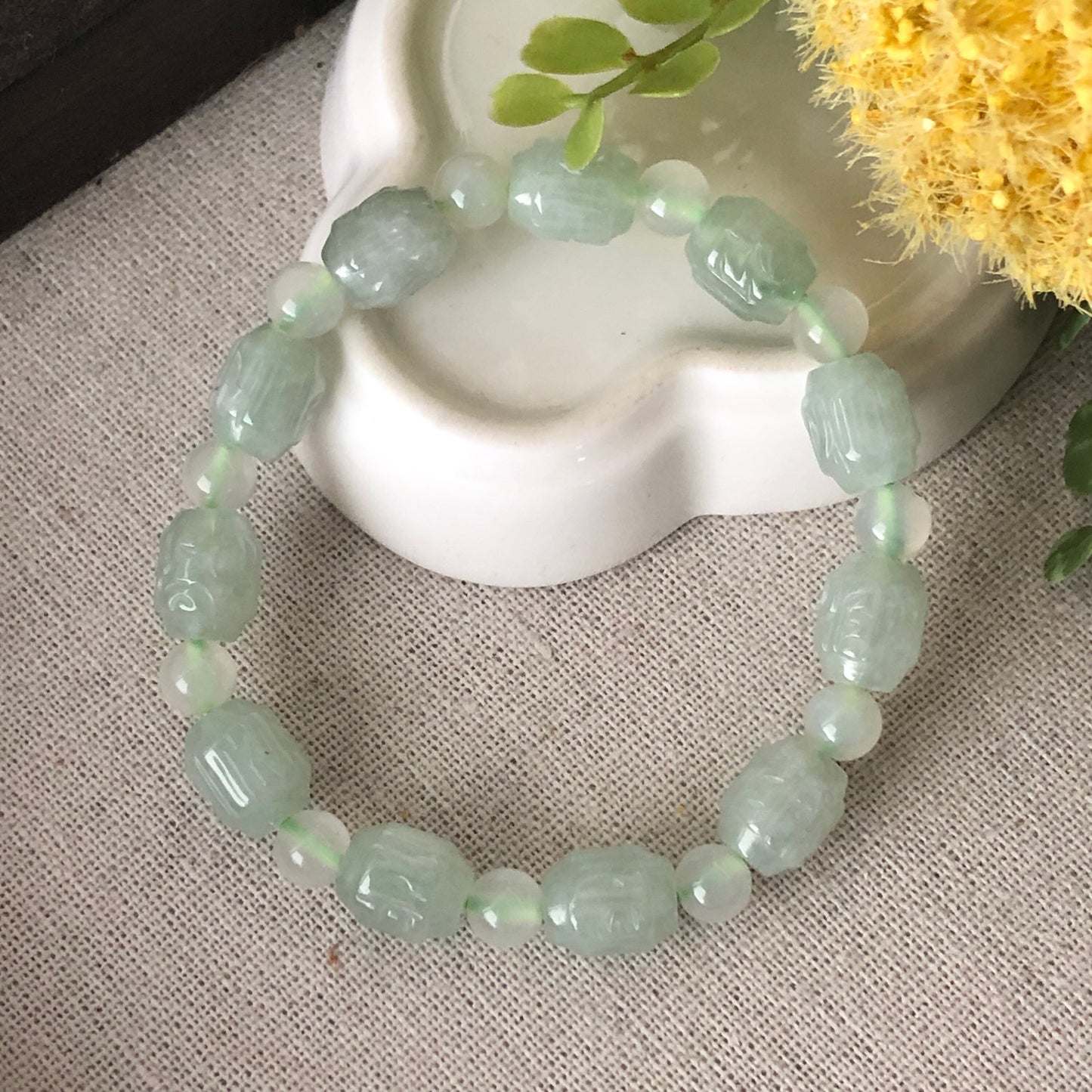 8.5x10 mm Icy Tint Green Carved Six Word Blessing Jadeite Jade Bead Bracelet
