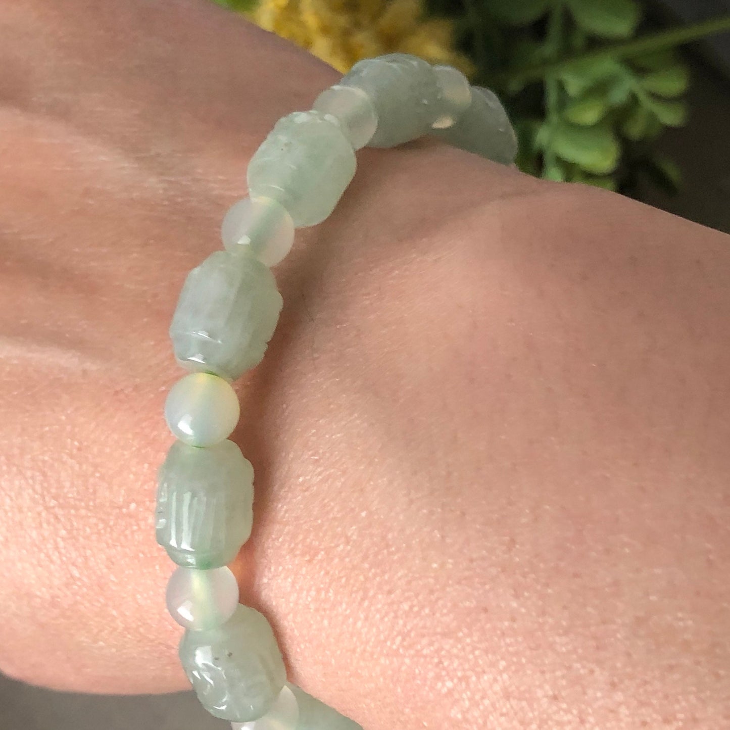 8.5x10 mm Icy Tint Green Carved Six Word Blessing Jadeite Jade Bead Bracelet