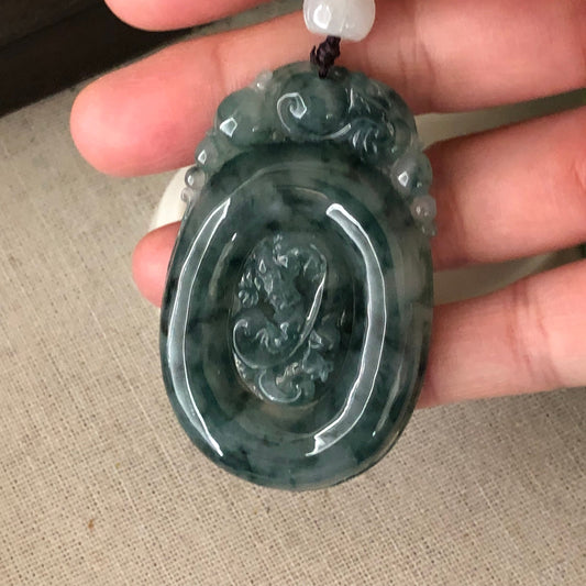 57mm Green Float Flowers Jadeite Jade carved Ruyi Pendant Necklace RARe