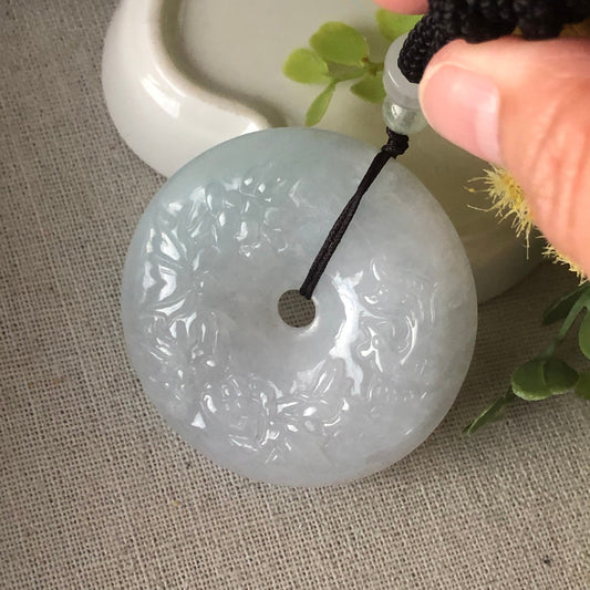 51 mm Grade Icy Tint green Jadeite Jade Carved flower Peace Donut Pendant