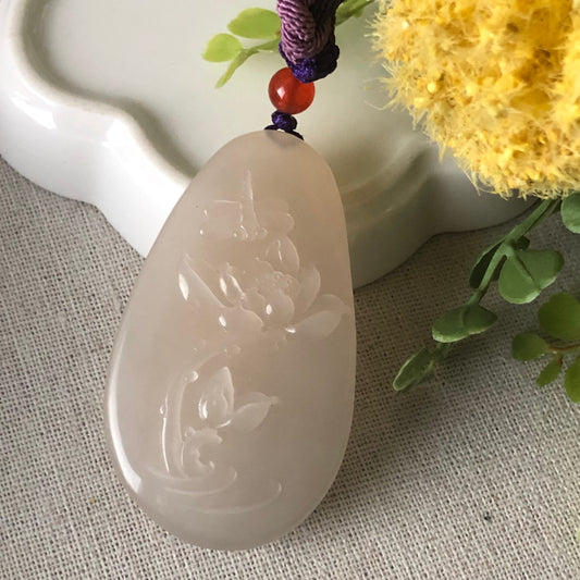 56 mm Pinkish Hetian Jade Carved Flower Dragonfly Pendant