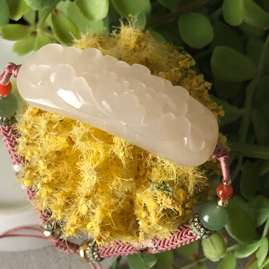 41.2 mm Icy Smoky Pinkish carved Flower Hetian Jade Bracelet