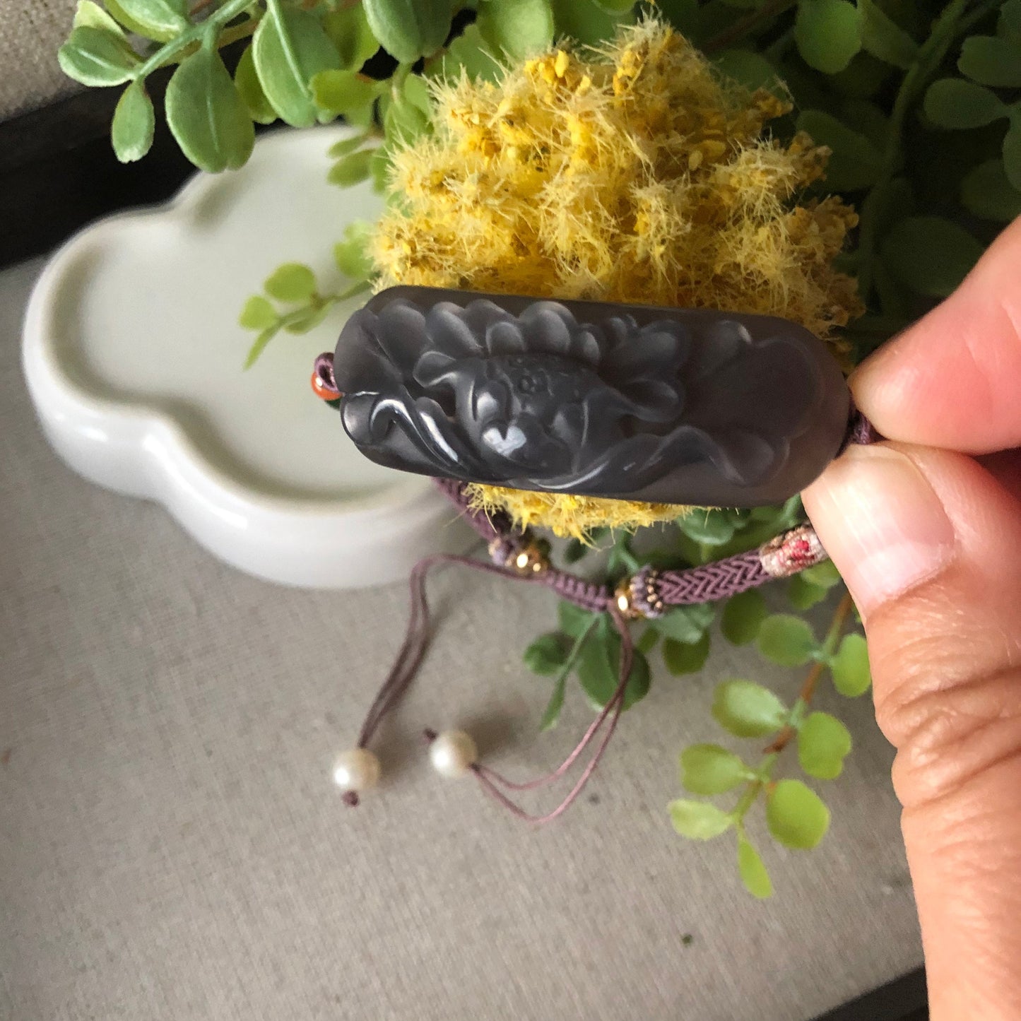 43.6 mm Icy Smoky Lavender carved Flower Hetian Jade Bracelet