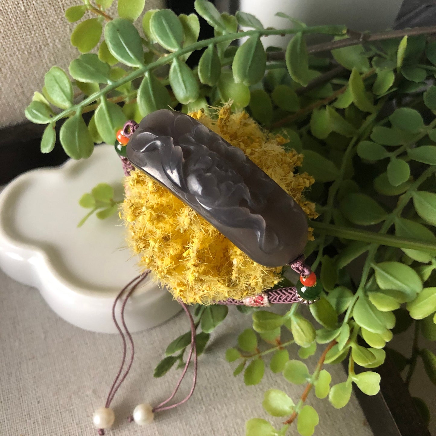 43.6 mm Icy Smoky Lavender carved Flower Hetian Jade Bracelet