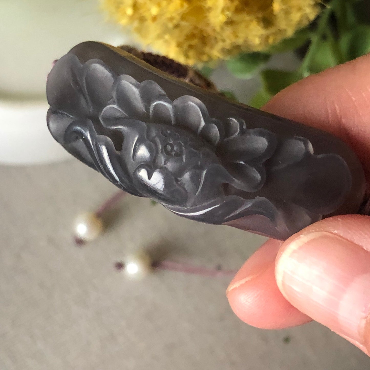 43.6 mm Icy Smoky Lavender carved Flower Hetian Jade Bracelet