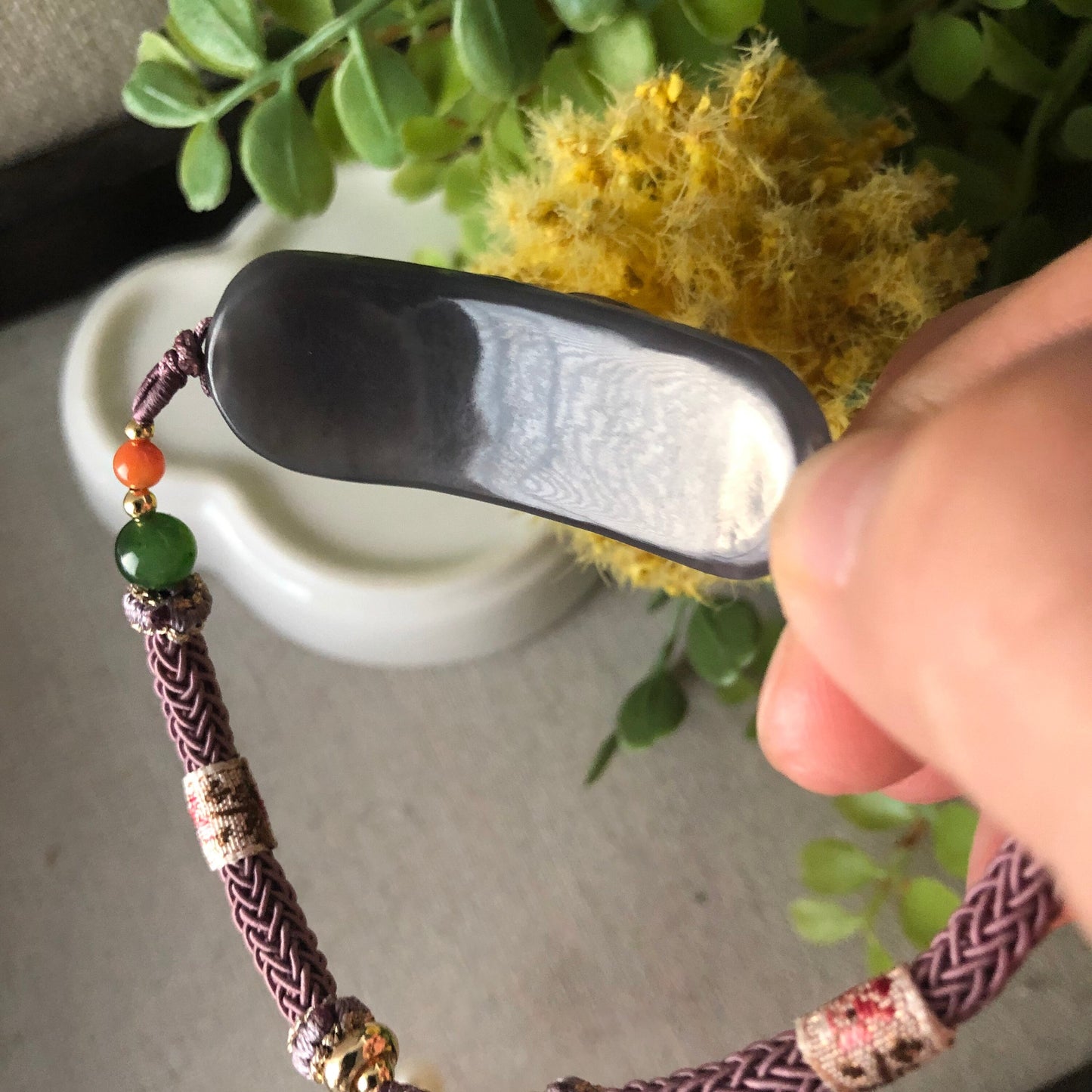 43.6 mm Icy Smoky Lavender carved Flower Hetian Jade Bracelet