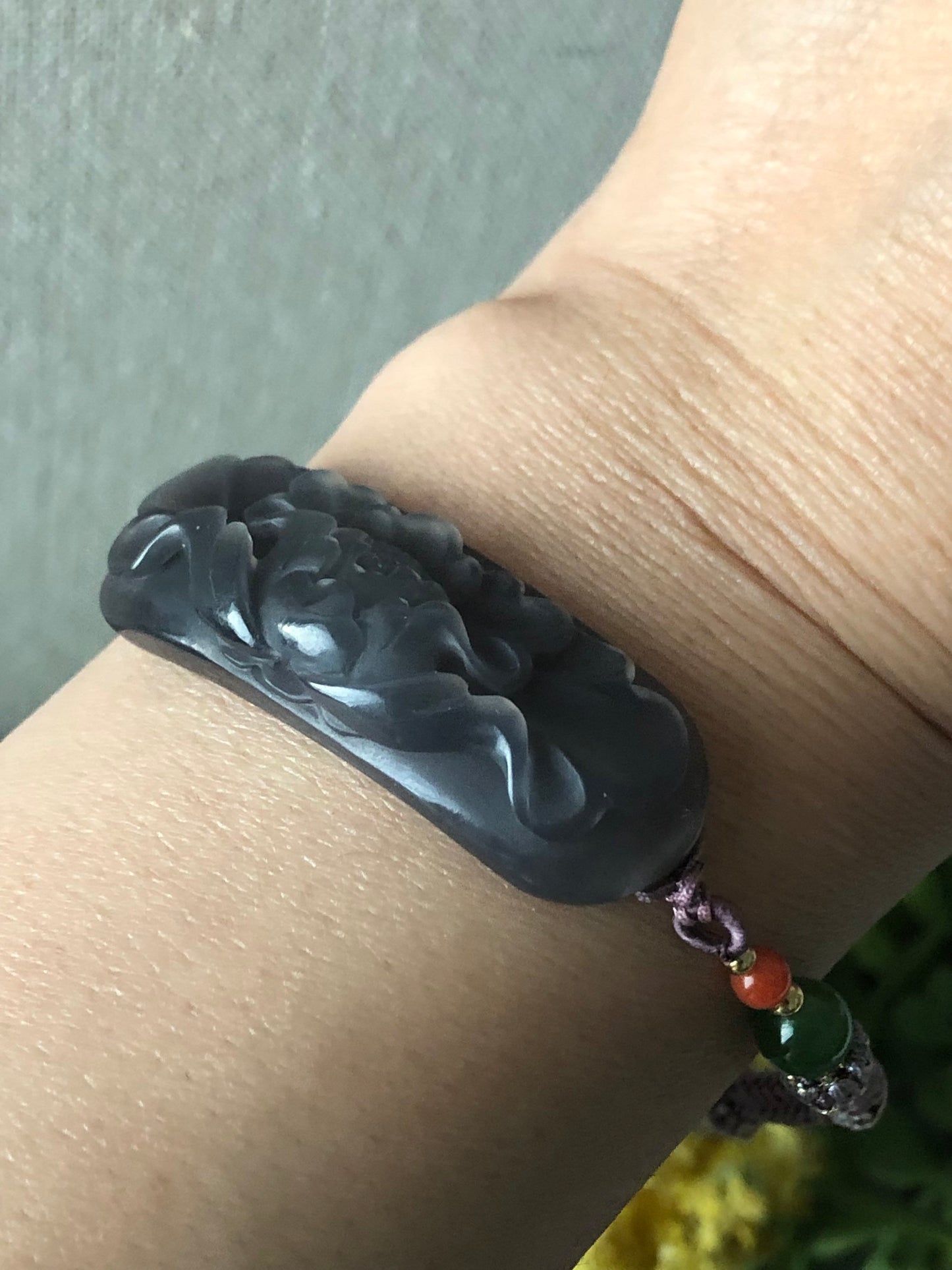 43.6 mm Icy Smoky Lavender carved Flower Hetian Jade Bracelet