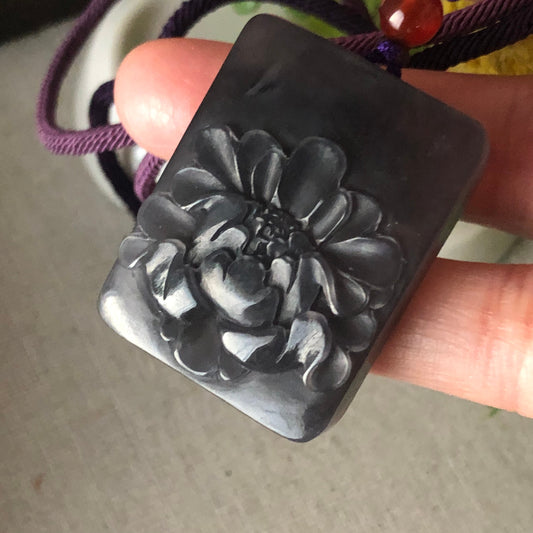 35.8 mm Smoky Lavender Hetian Jade Carved Flower Pendant