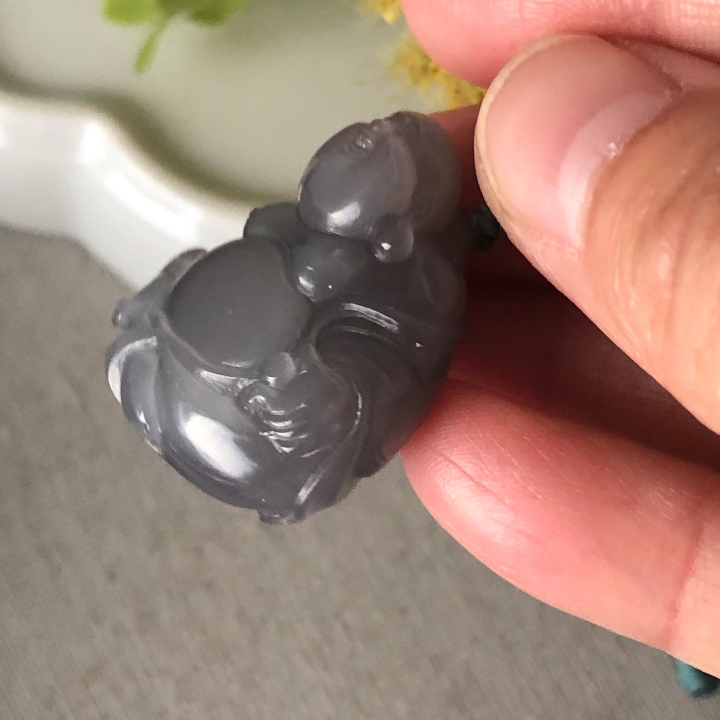 30.5 mm Smoky Lavender Hetian Jade Carved Happy Buddha Pendant