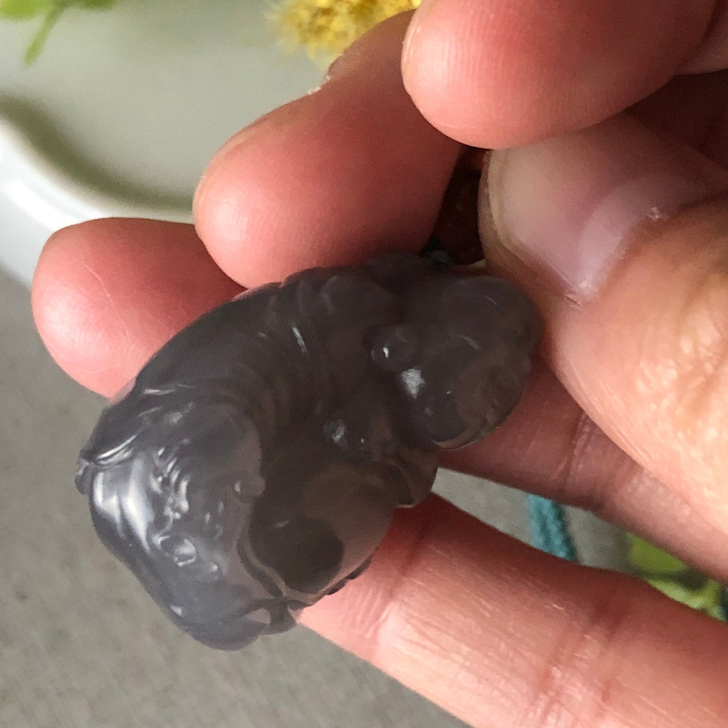 30.5 mm Smoky Lavender Hetian Jade Carved Happy Buddha Pendant