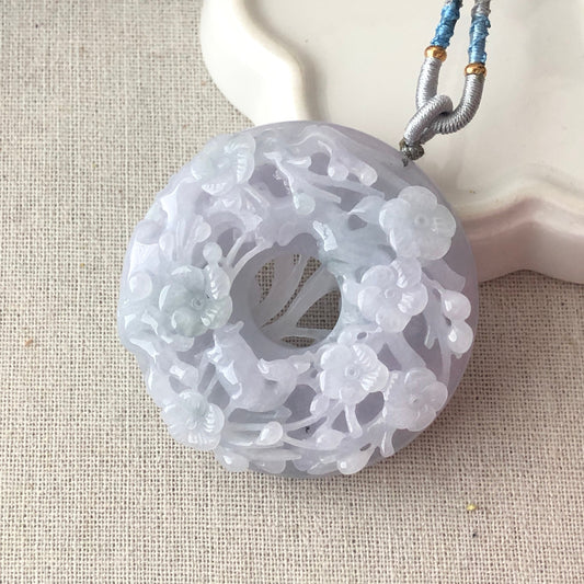 55.3 mm Jadeite Jade Icy Tint Lavender Green 3D Carved Flower Ruyi Pendant