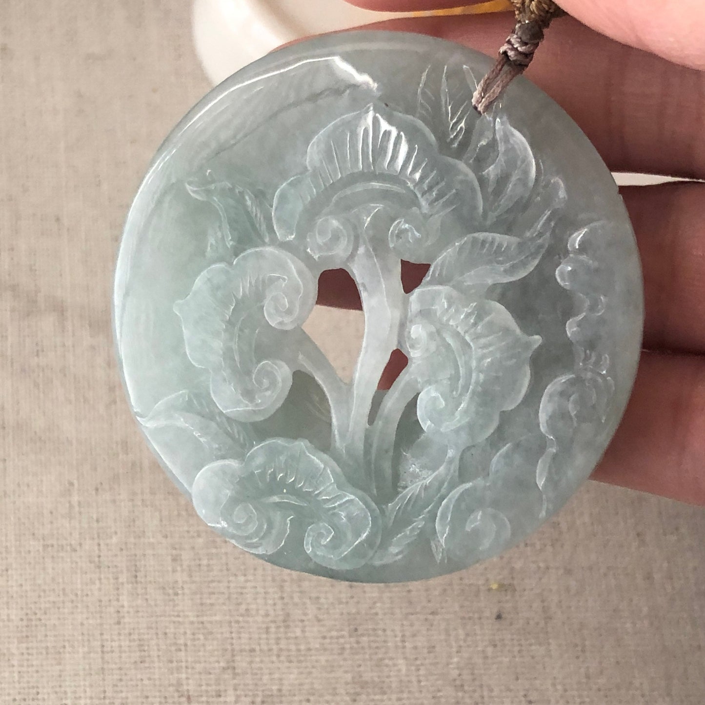 55.3 mm Jadeite Jade Icy Tint Green 3D Carved Flower Ruyi Pendant