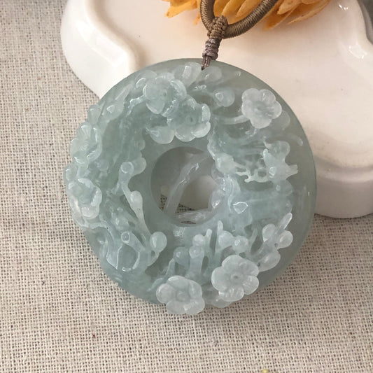 55.3 mm Jadeite Jade Icy Tint Green 3D Carved Flower Ruyi Pendant