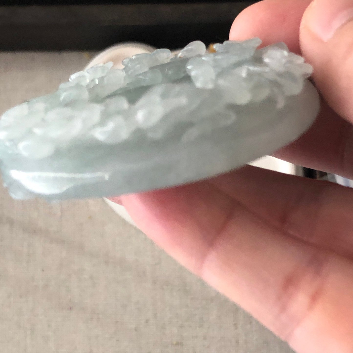 55.3 mm Jadeite Jade Icy Tint Green 3D Carved Flower Ruyi Pendant