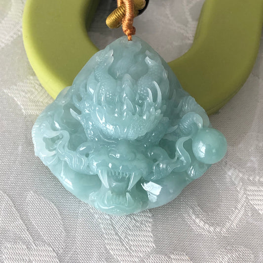 47 mm Icy Green Jadeite Jade Carved Dragon Pendant