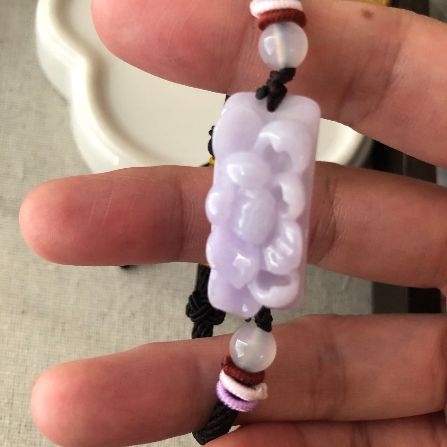 30 mm Icy Tint Lavender carved Flower Jadeite Jade Bracelet