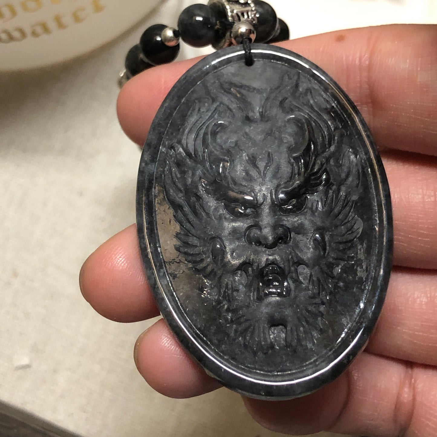 50 mm Icy Wuji Jadeite Jade Carved Dragon Head Pendant