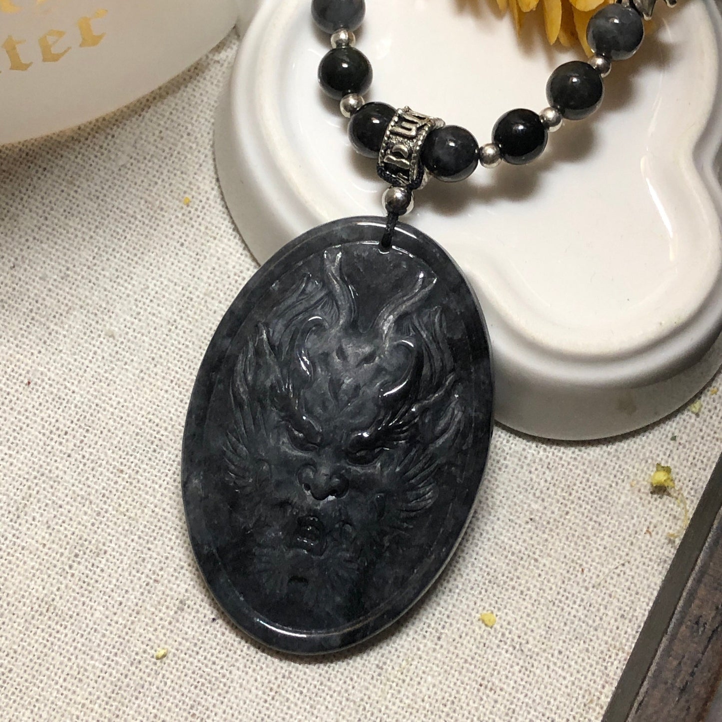 50 mm Icy Wuji Jadeite Jade Carved Dragon Head Pendant